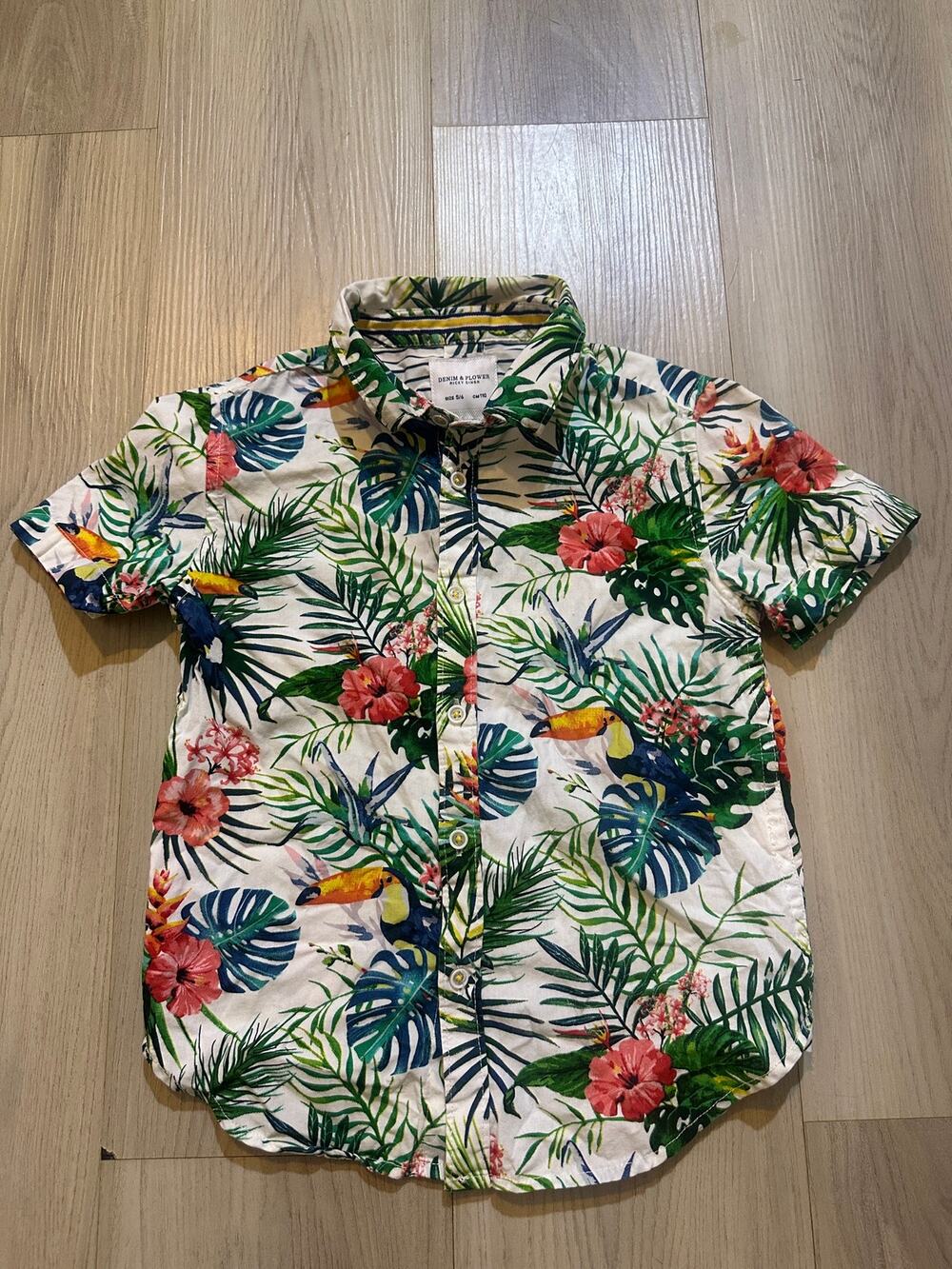 Denim & Flower Ricky Singh Boys Tropical Hawaiian Button Shirt Toucan Size 5/6